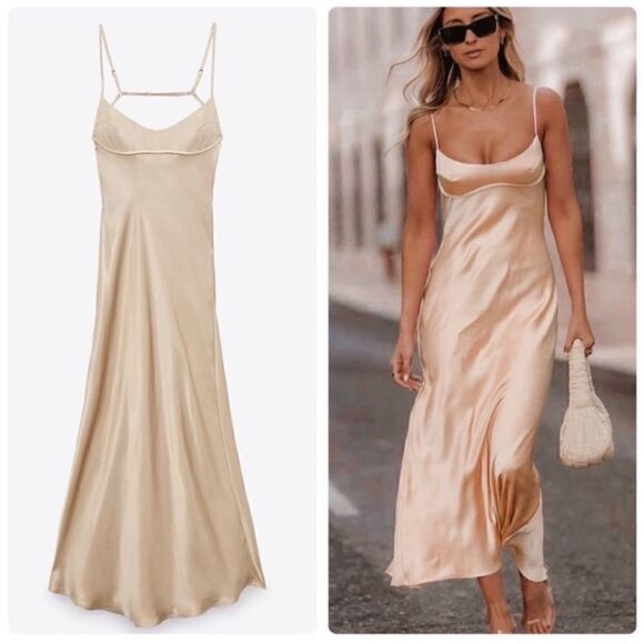 Zara Satin Effect Cut Out Maxi Dress Champange XL - Picture 1 of 9